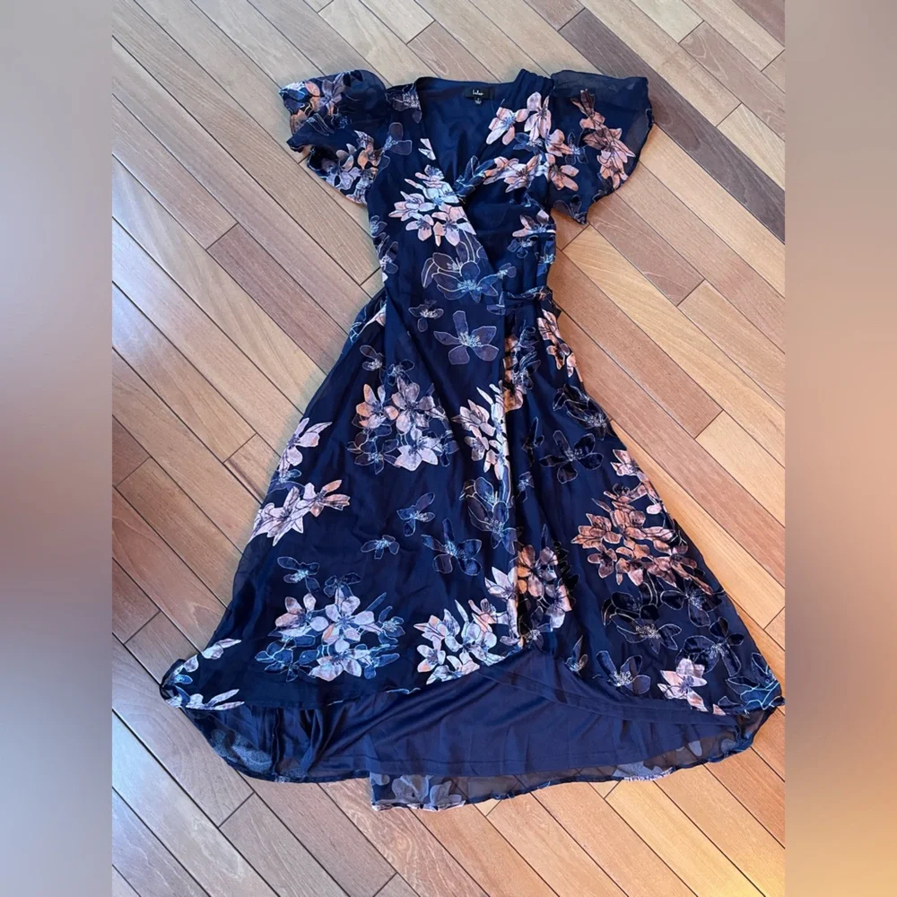 Lulus Navy Floral High Low Feminine Flowy Midi Dress Velvet Detail | Small NWT